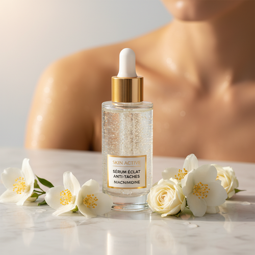Sérum Éclat Anti-Taches style marbre et fleurs blanches