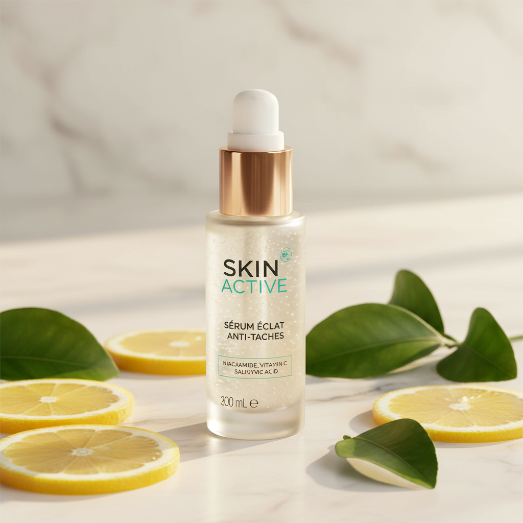 Sérum Éclat Anti-Taches style marbre citron et feuilles