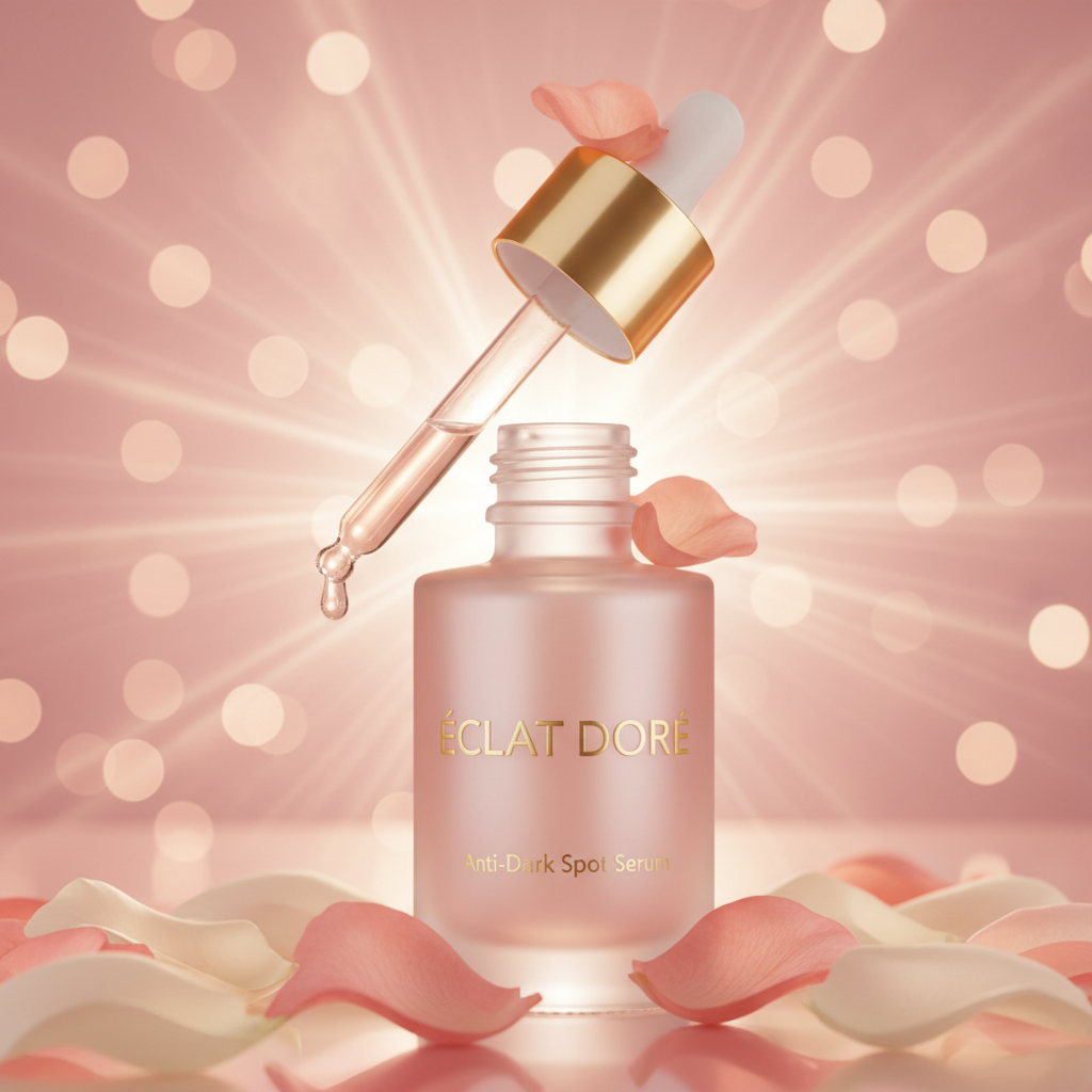 Sérum Éclat Anti-Taches style luxe rose et lumière dorée
